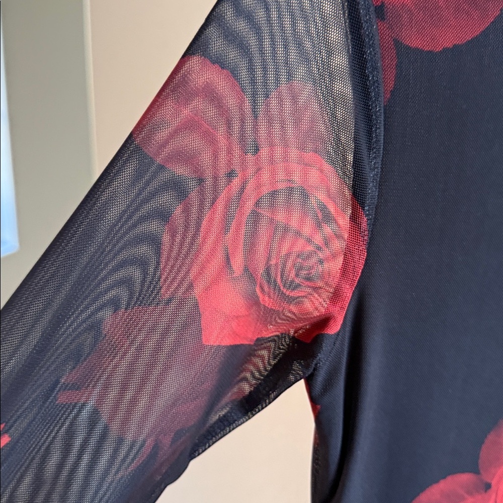 Bebe Bodycon Black Dress with Red Rose Print and sheer long sleeves NWT - Picture 5 of 6
